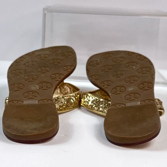 Tory Burch Thora Sandals Womens 6 Gold Glitter Thong Flip Flop Shoes Metallic - Picture 5 of 11